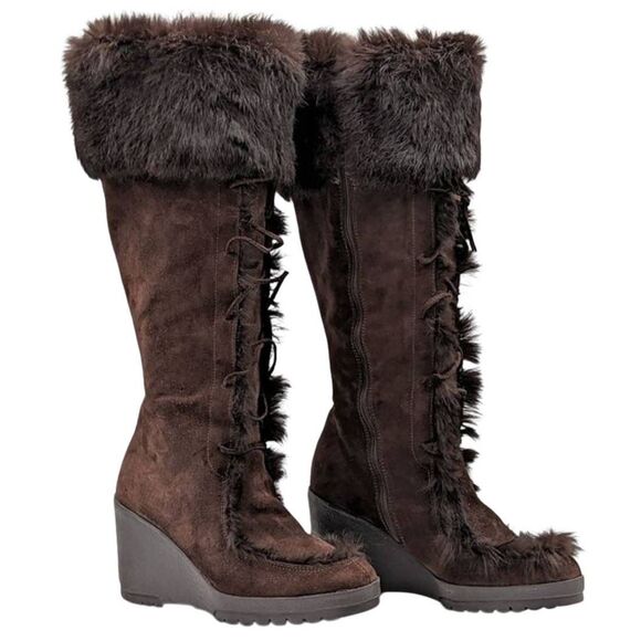 Coach Rabbit Fur Boots Size 7 Karita Dark Brown Suede Wedge Heel Lace Up - Picture 1 of 12